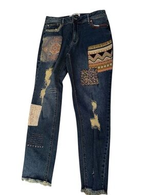 Women’s Dark Wash Straight Leg Jeans with Patchwork Detail